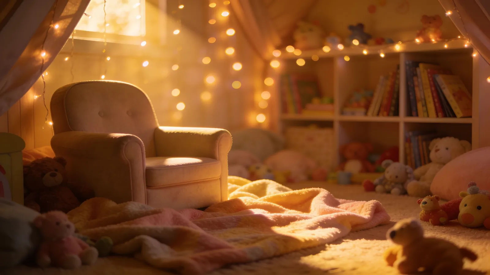 Cozy childrens story nook at golden hour, fairy lights