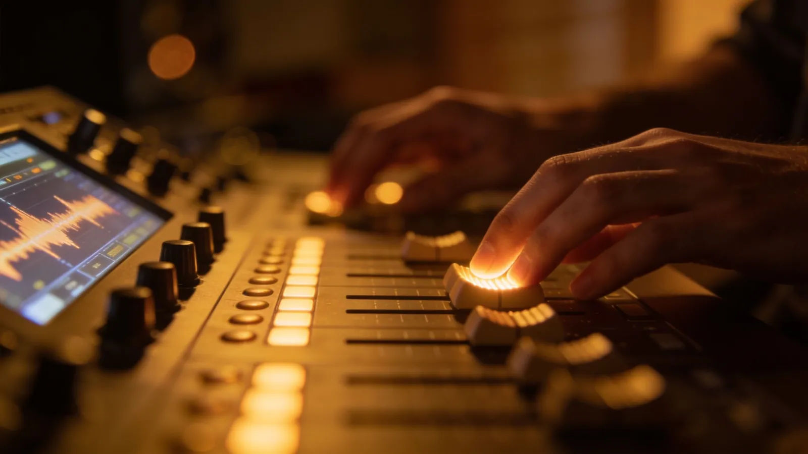 Hands at console with warm rounded audio interface
