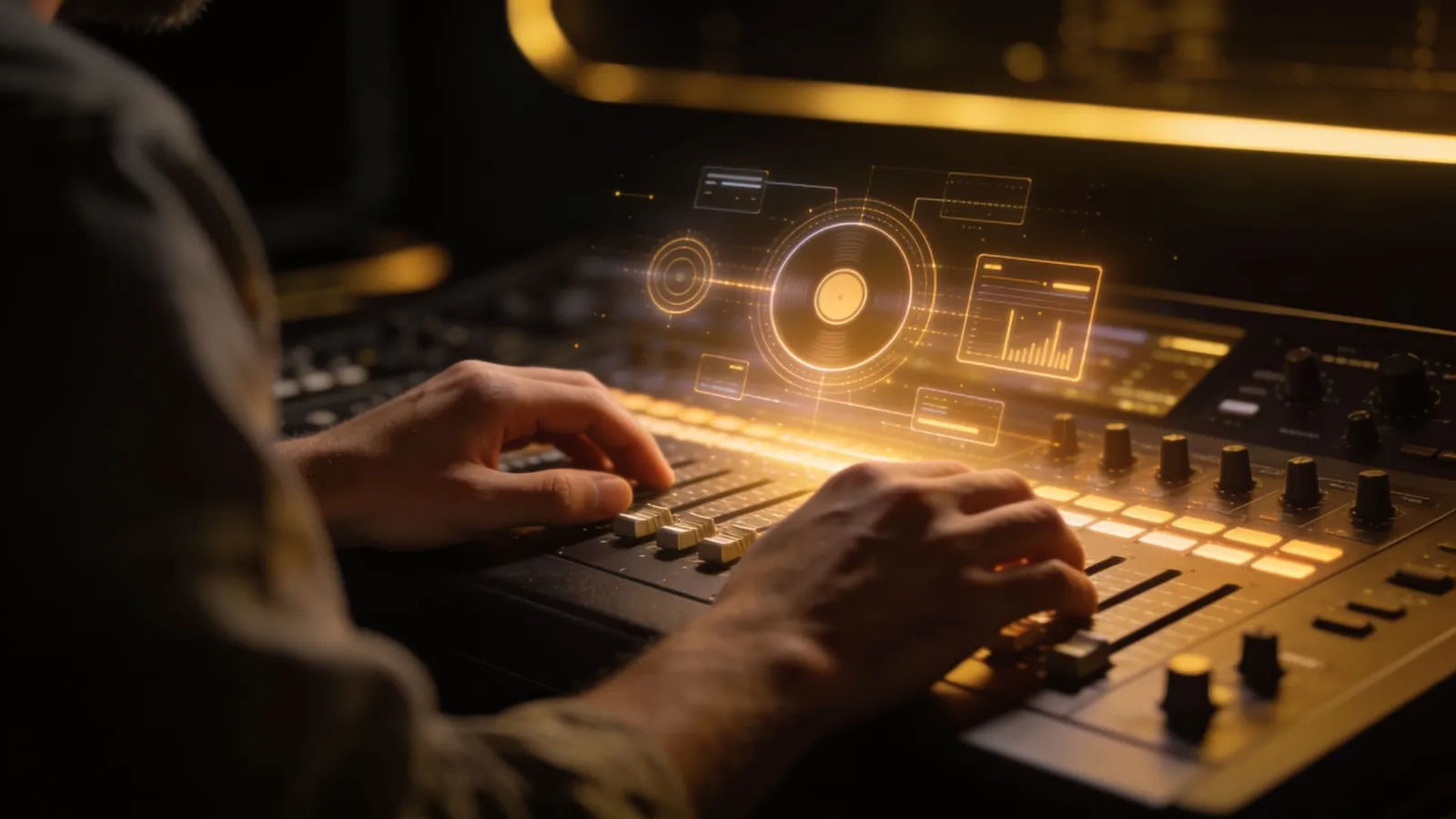 Hands at a warm-lit console
