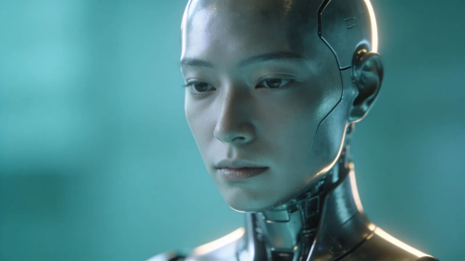 Sleek metallic android with calm neutral expression