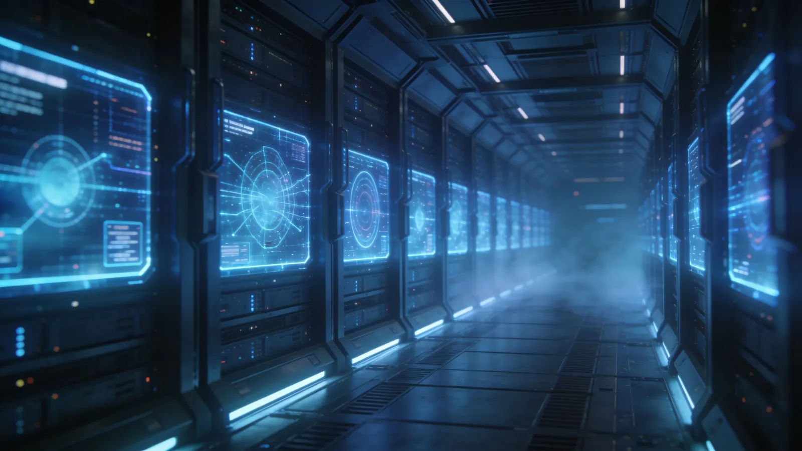 Futuristic data center with glowing blue holographic panels