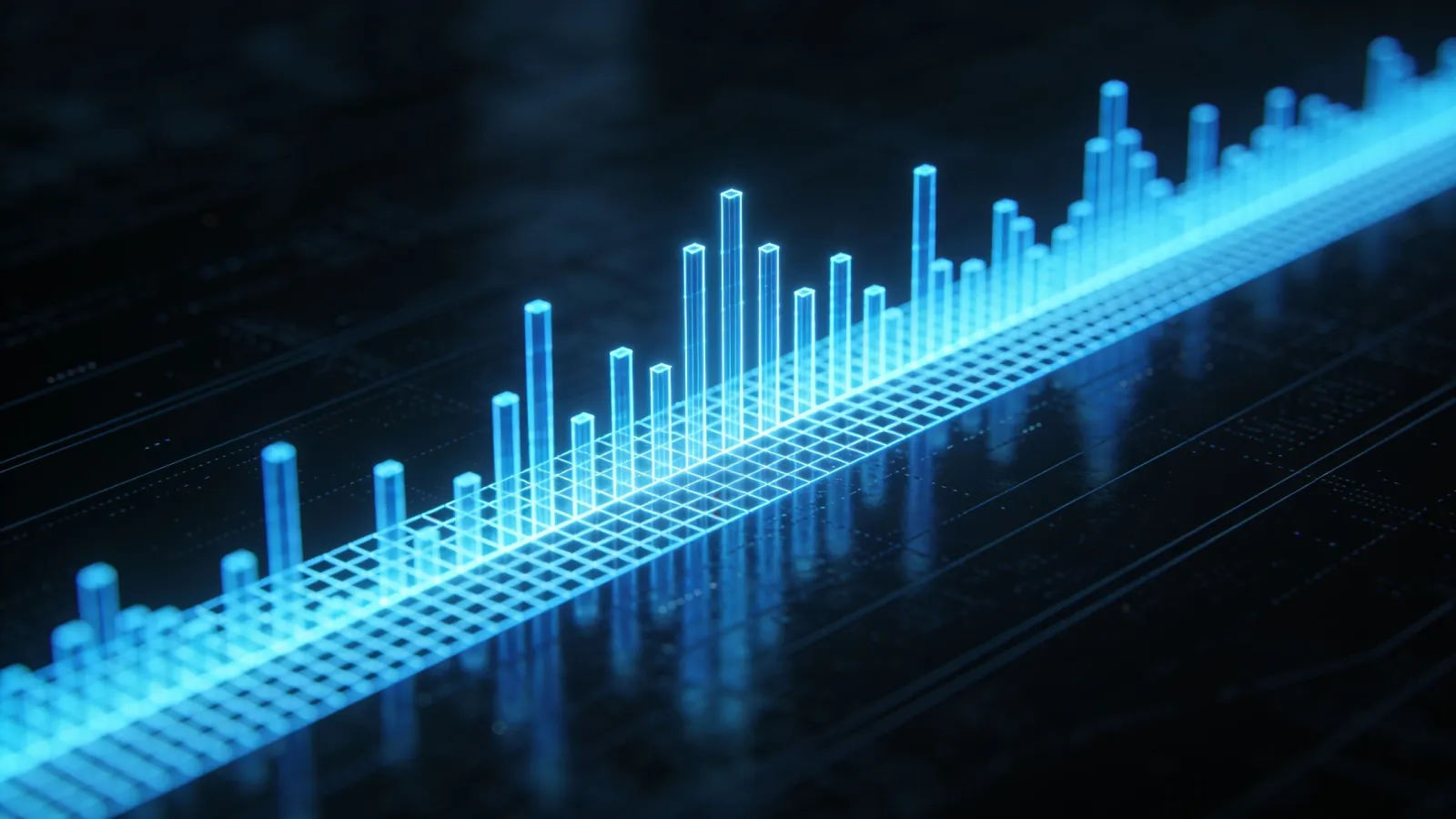 Crisp digital waveform as glowing blue bar grid