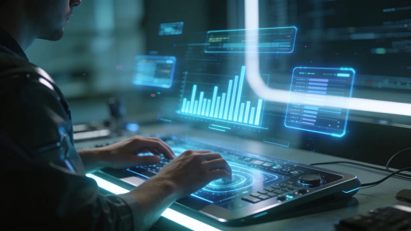 Hands at holographic console with blue audio interface