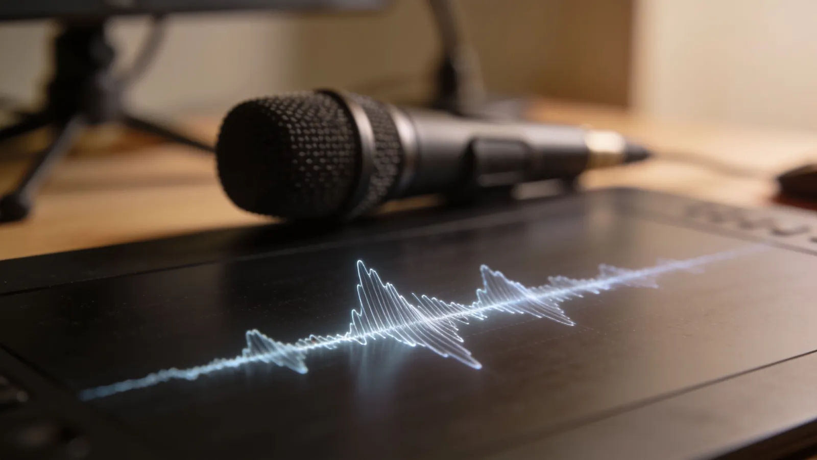 Clear waveform beside a desk studio microphone