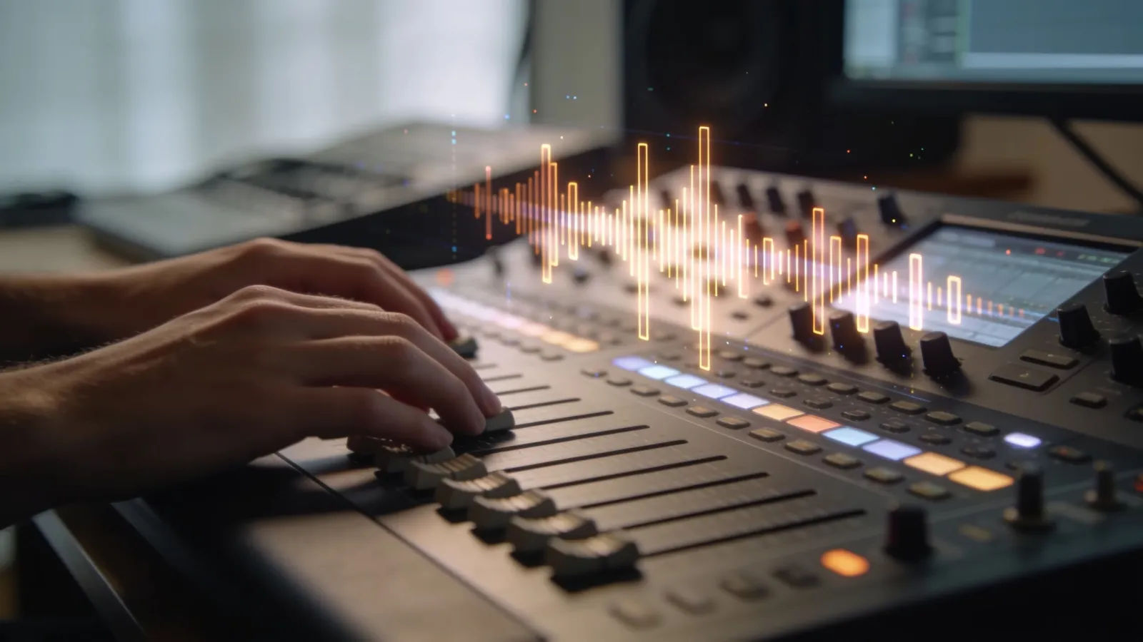 Gentle hands at a console with lesson-audio bars
