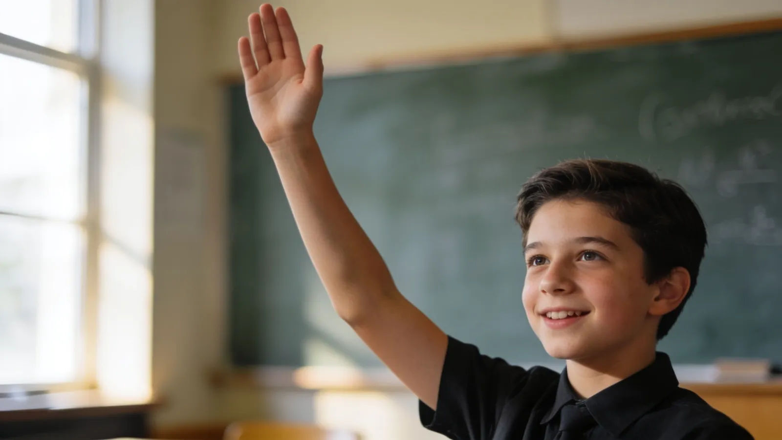 Eager young student with hand raised high, keen
