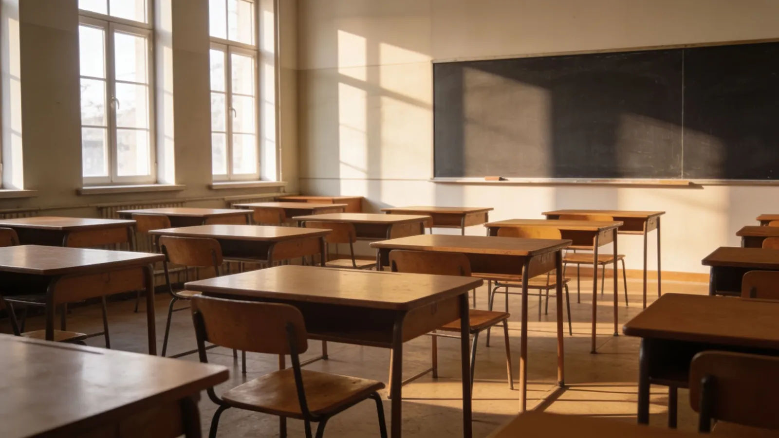 Tidy sunlit classroom with empty desks, blank board