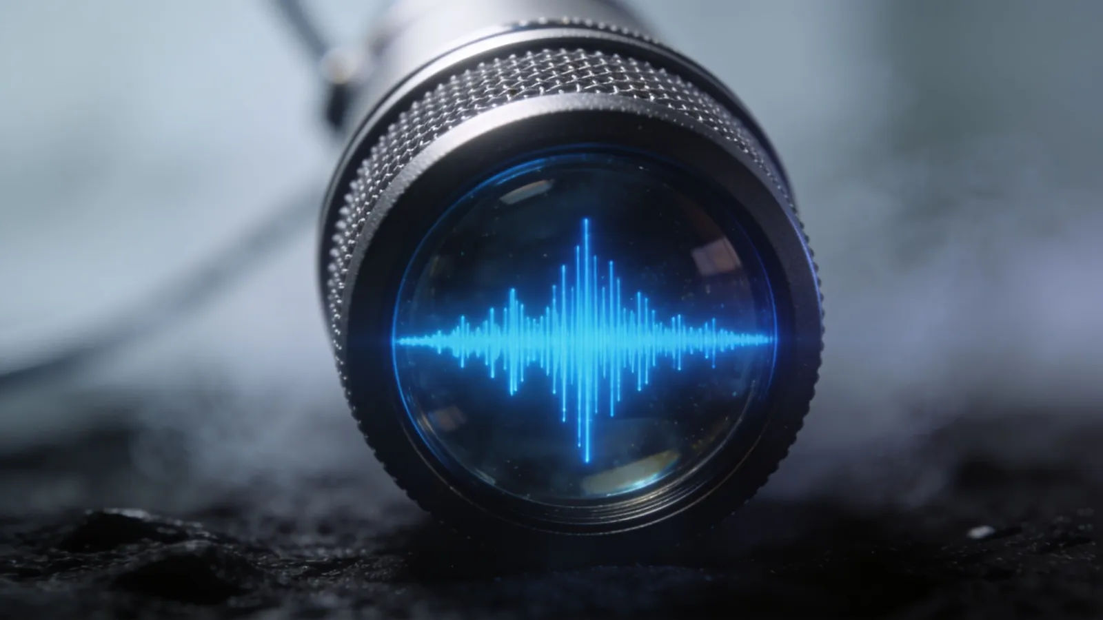 Crisp studio microphone with clean bright blue waveform