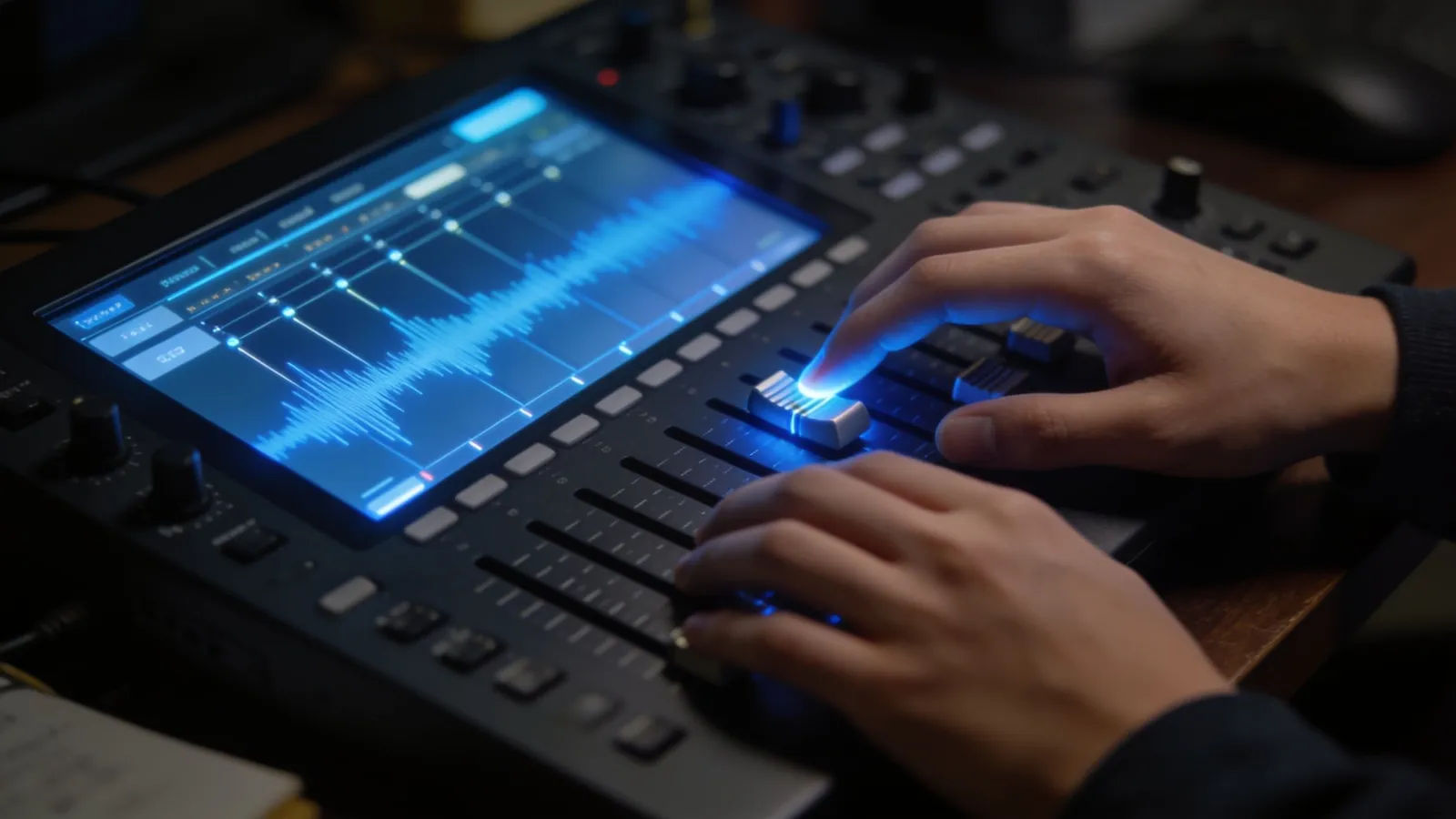 Neat hands on console with abstract tidy audio UI