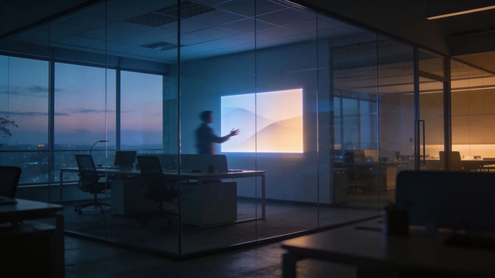 Sleek modern startup workspace at dusk, wide shot