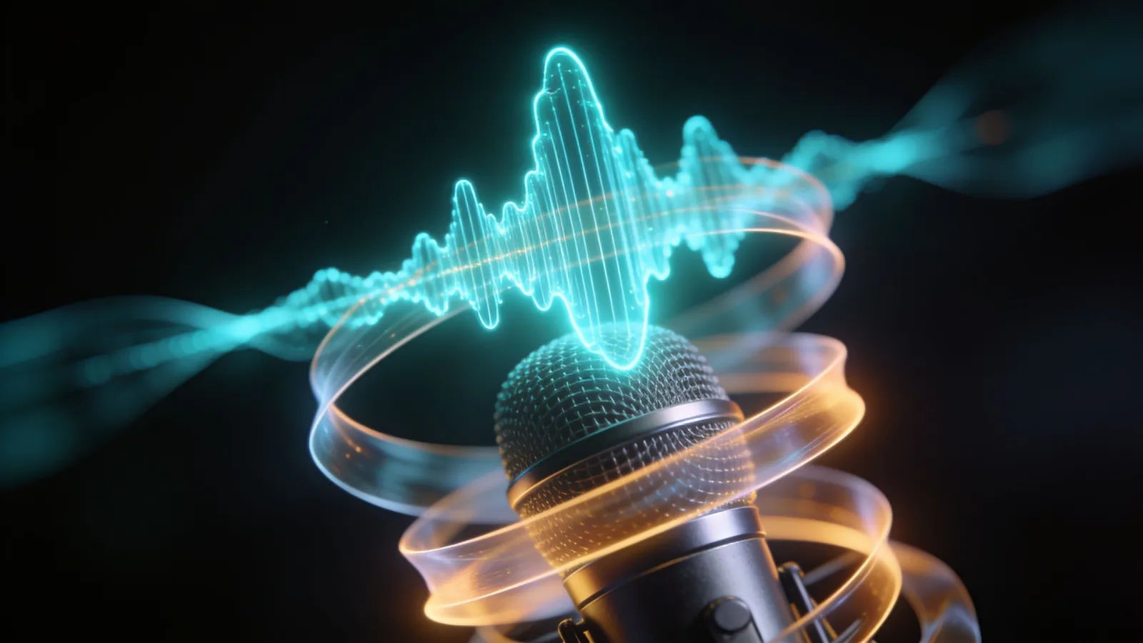 Glowing audio waveform rising from a studio microphone