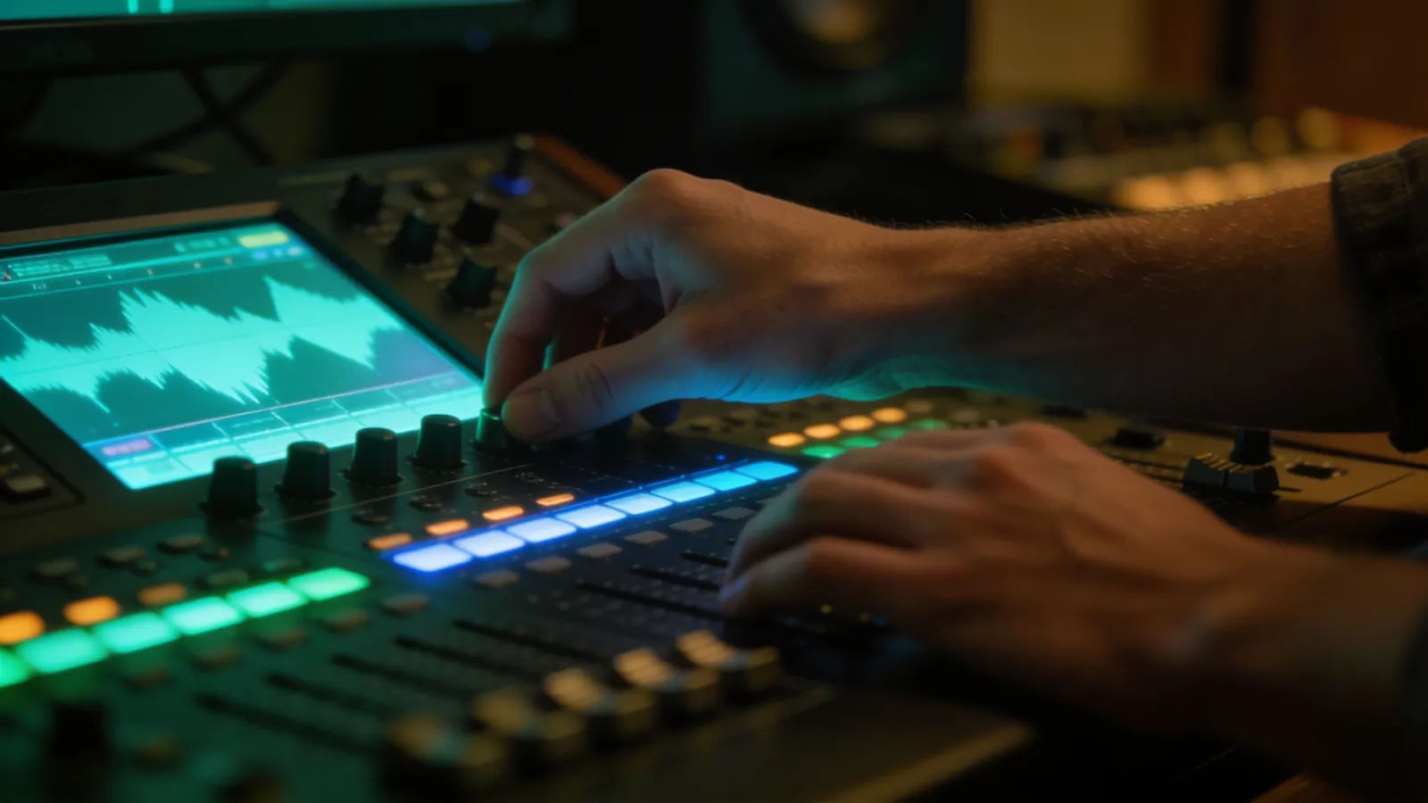 Hands at an illuminated audio console and touchscreen