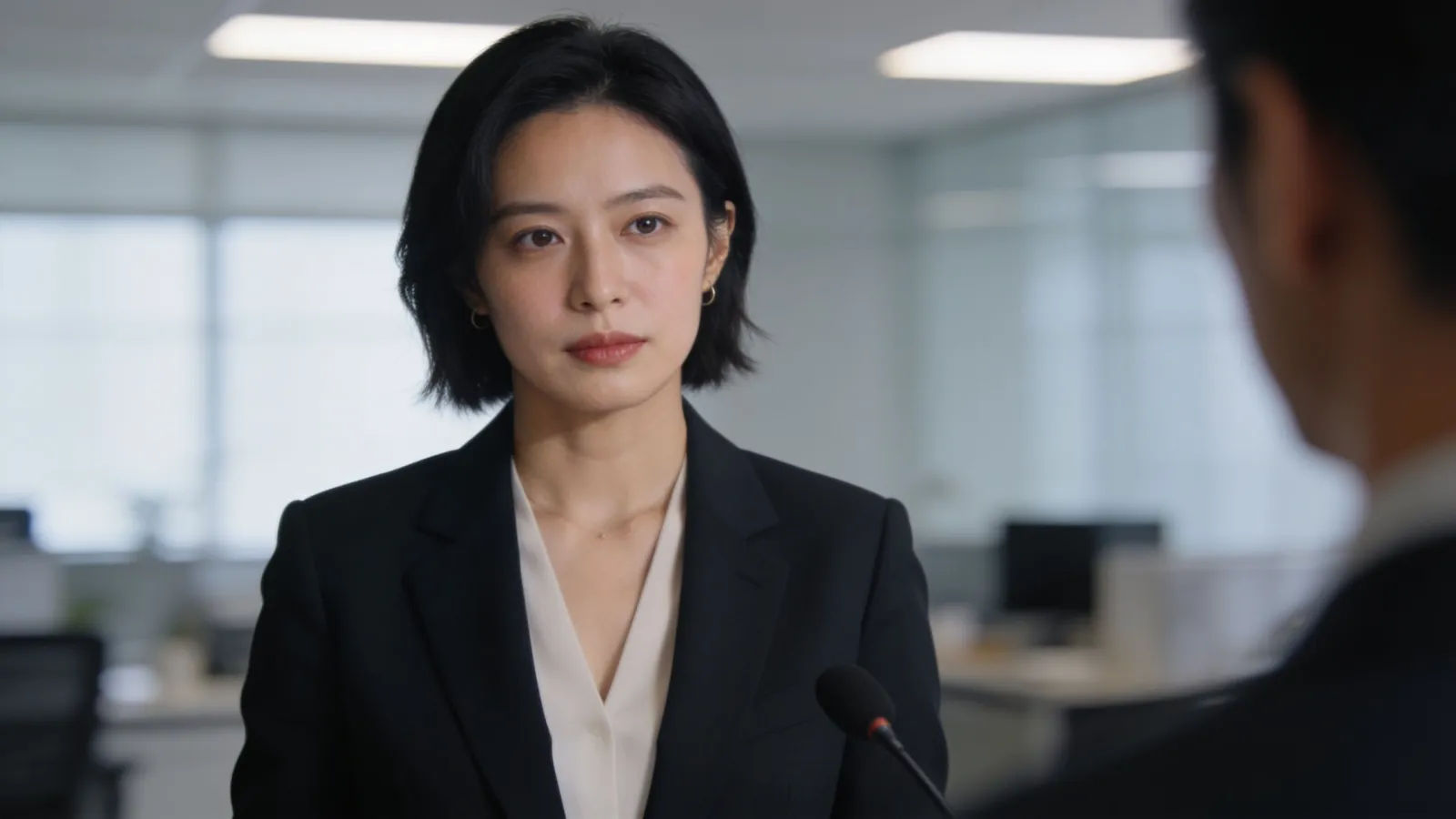 Composed presenter with calm clear expression