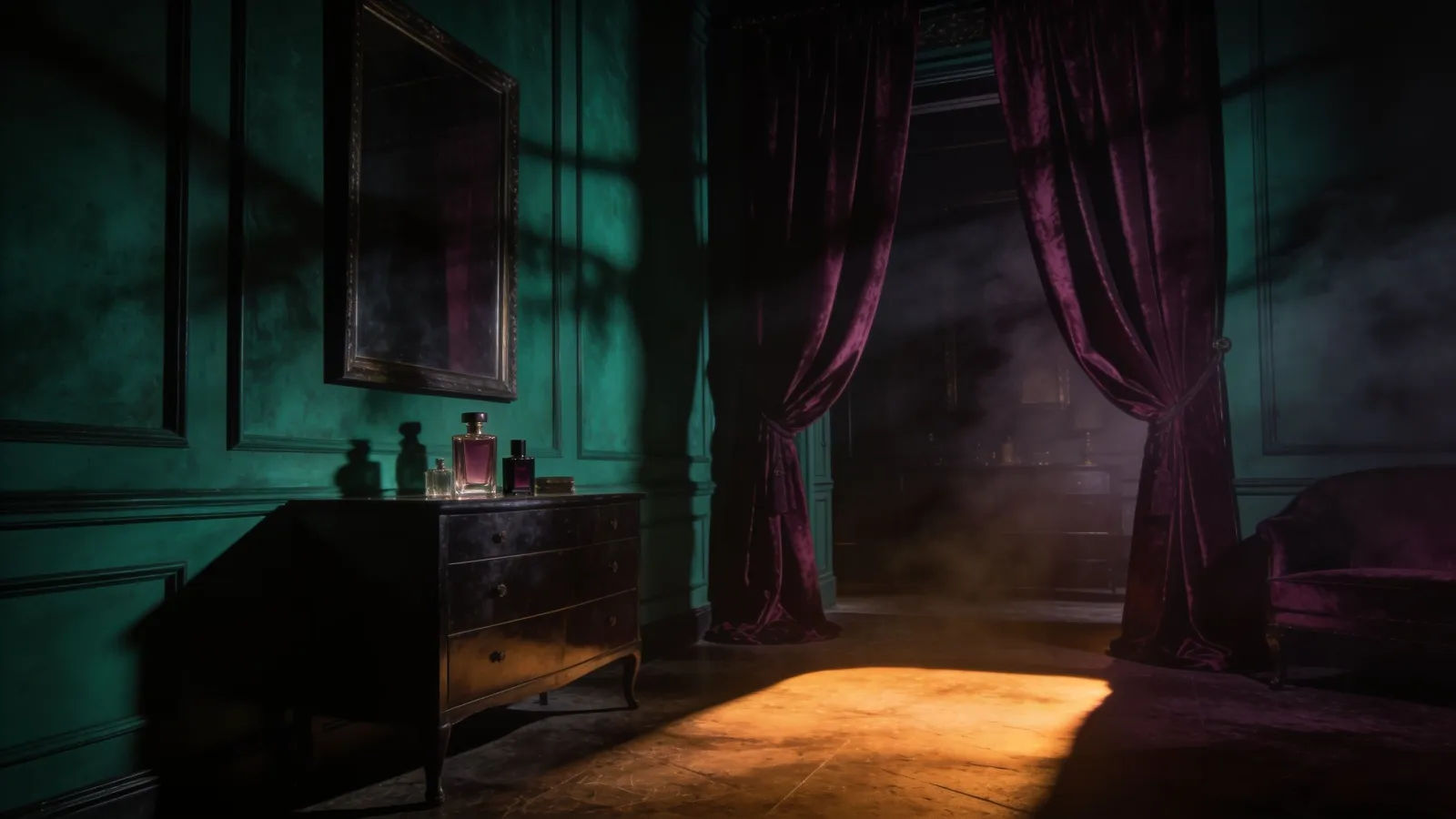 Noir cinematic interior with deep shadows and warm light