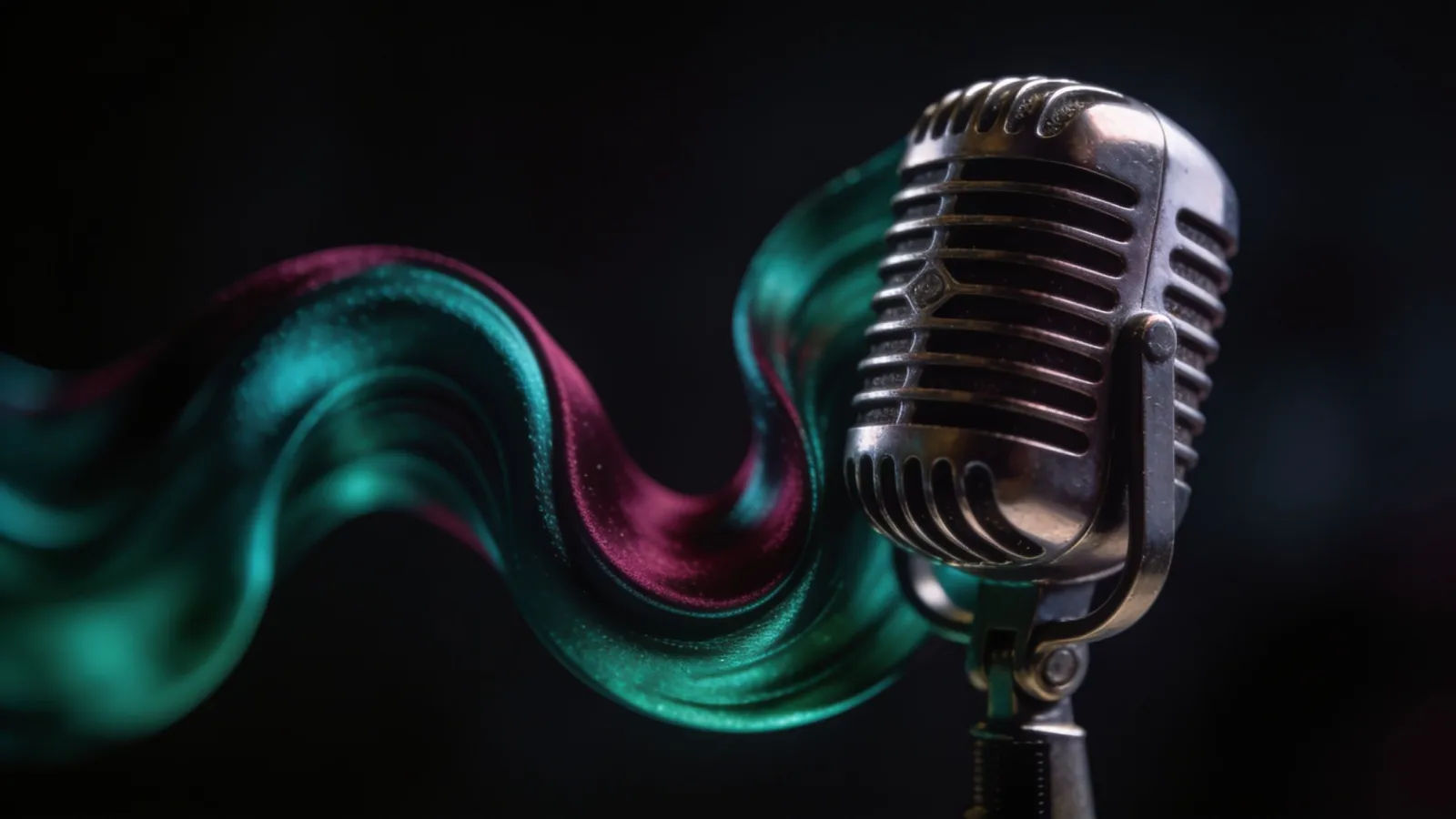 Smooth sultry waveform beside vintage microphone in low light