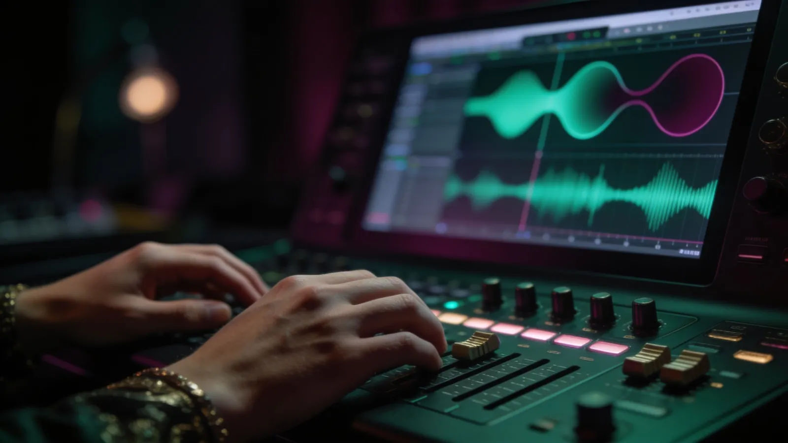 Hands at elegant console with moody jewel-tone audio interface