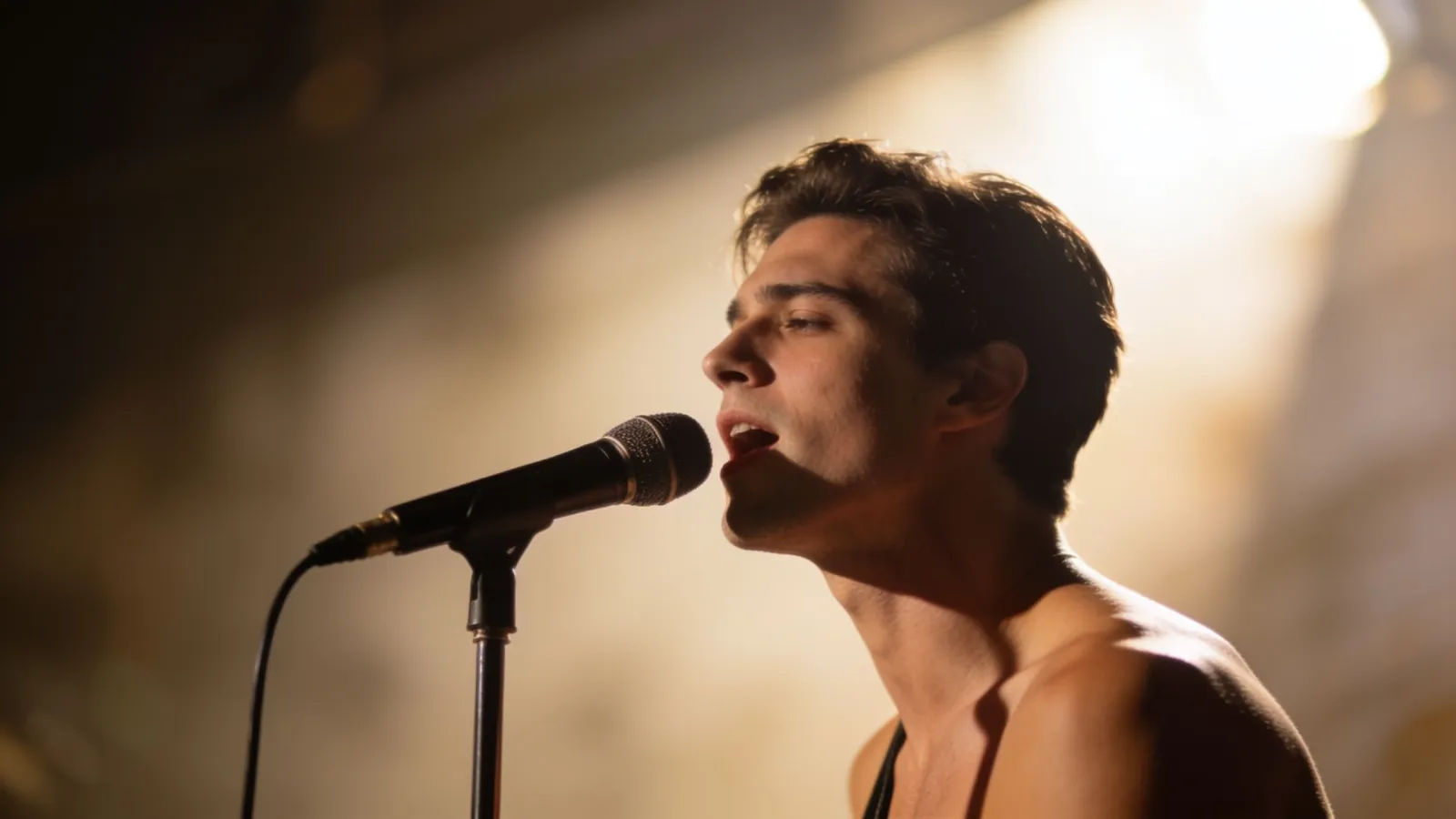 Poised male vocalist mid-note under warm key light