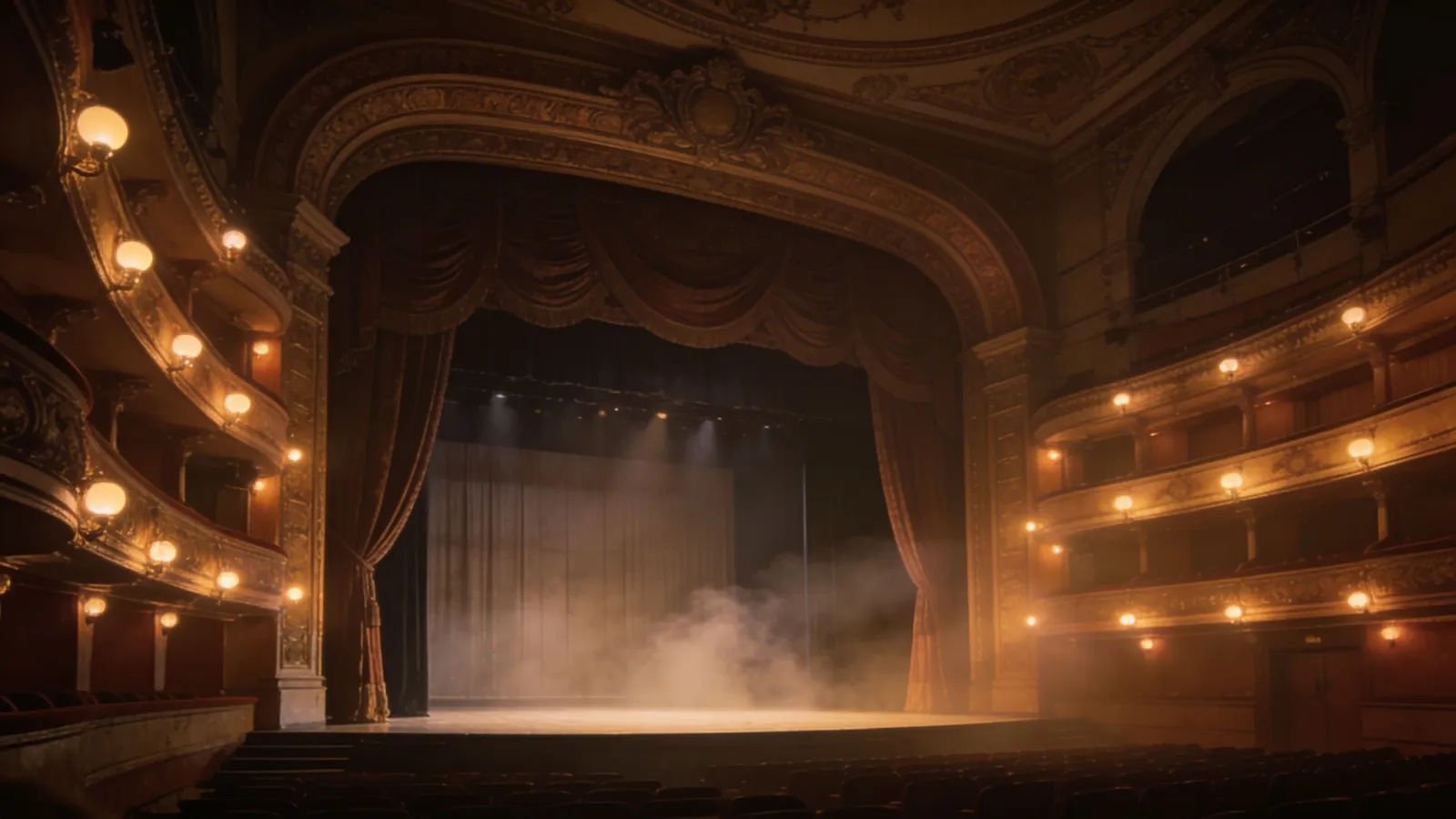 Elegant theatre stage with warm house lights and haze