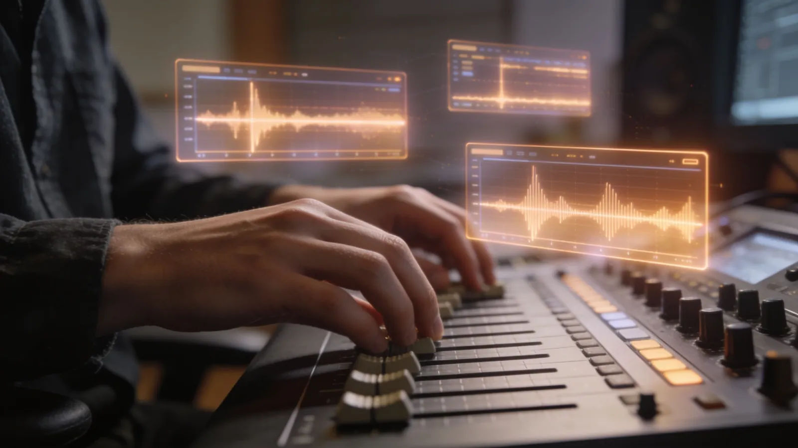 Hands on modern console with warm floating audio UI