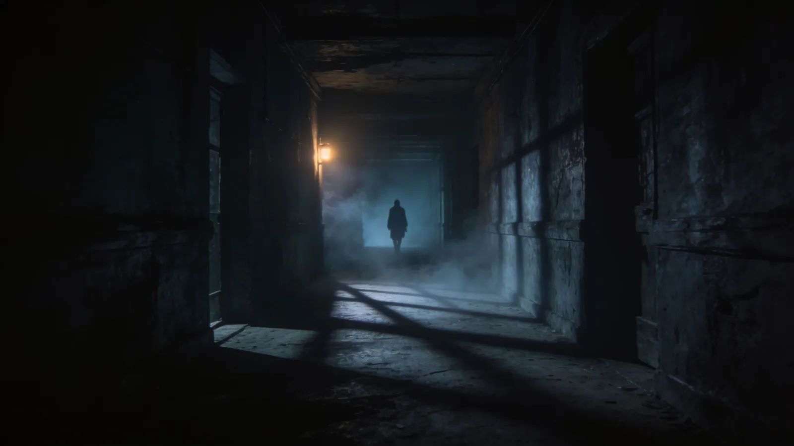 Dark eerie corridor with flickering light and distant silhouette