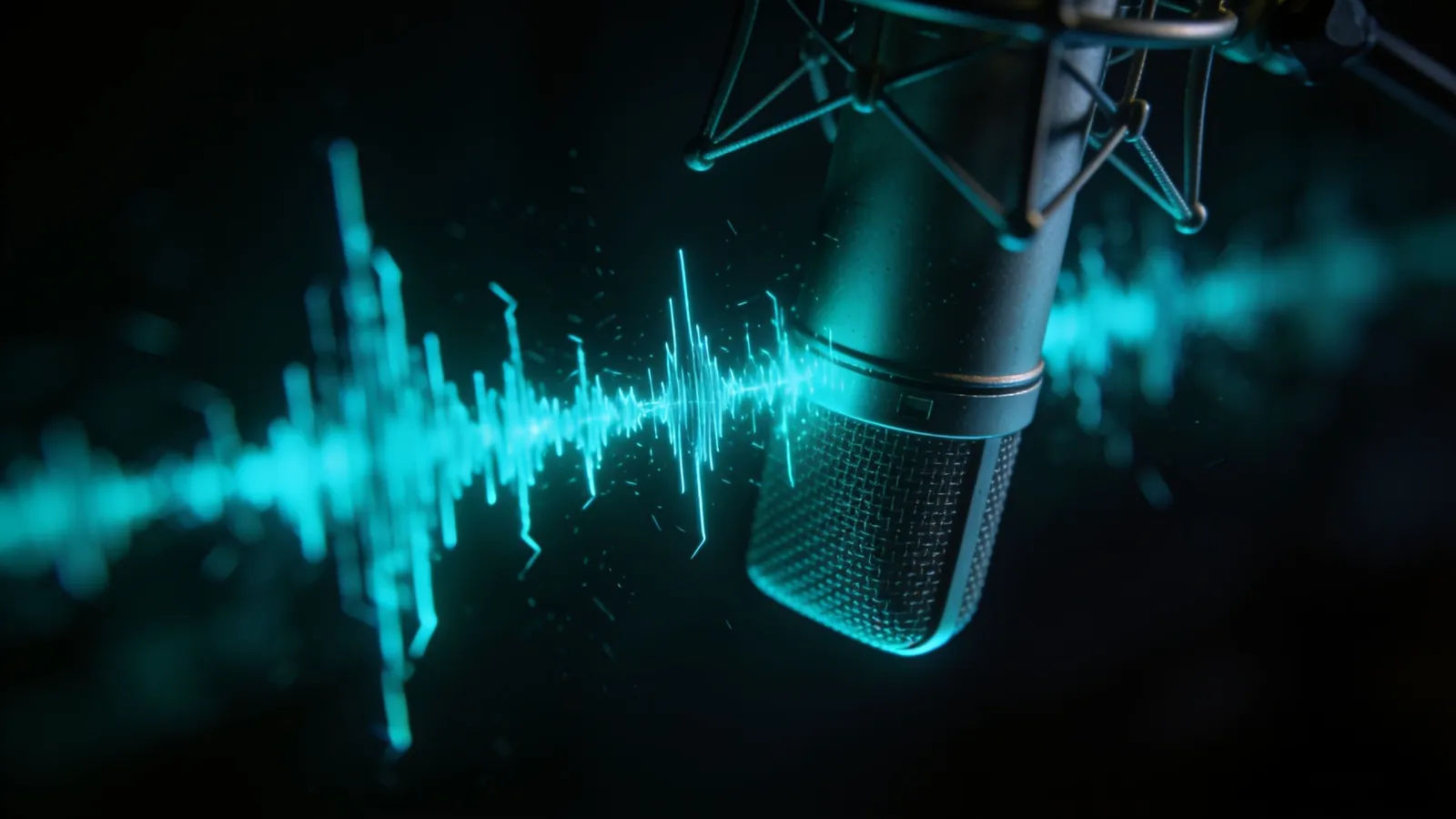 Jagged spiking cyan waveform over studio microphone