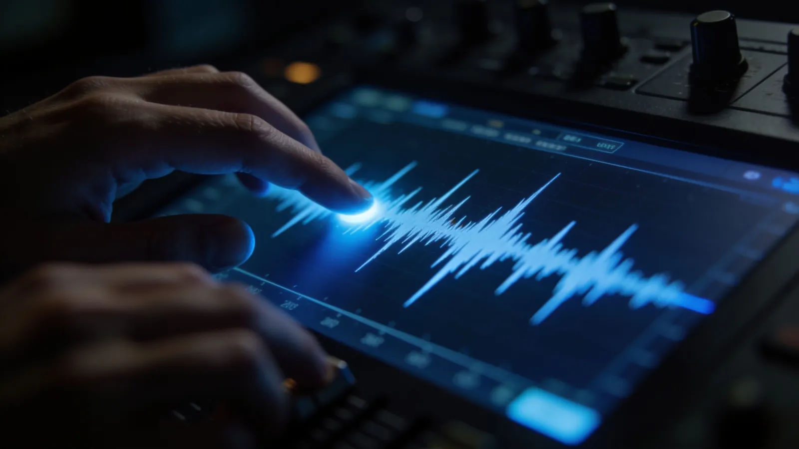 Hands at console with cold jagged waveform interface