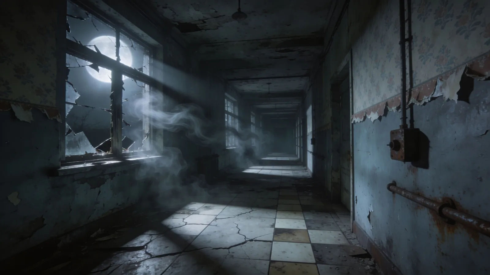Eerie fog-shrouded abandoned corridor