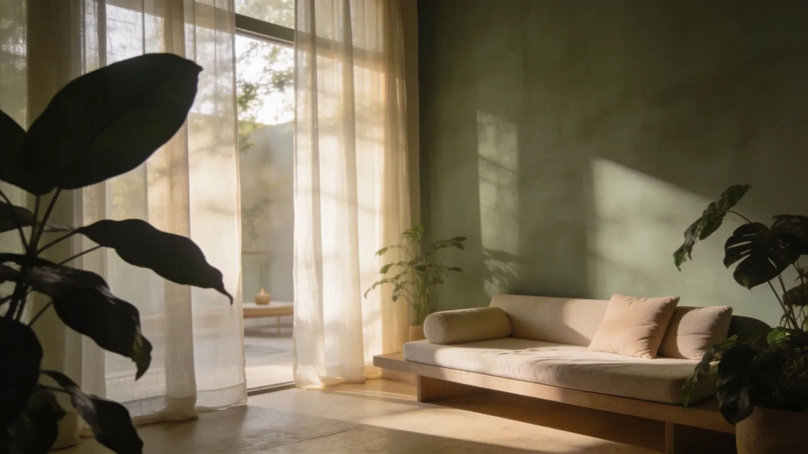 Serene sunlit wellness space with plants, cushions