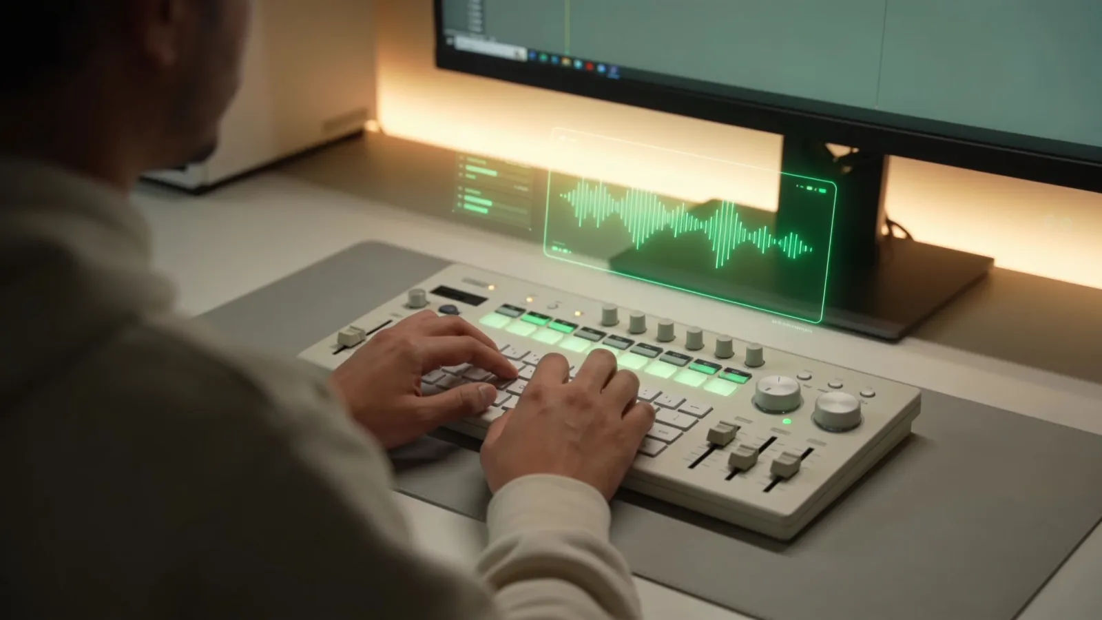 Hands at softly-lit console with green audio interface