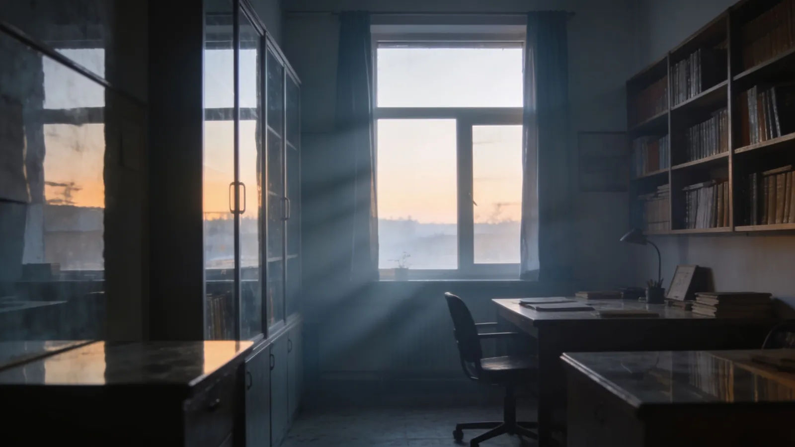 Quiet reflective study at dawn in soft haze