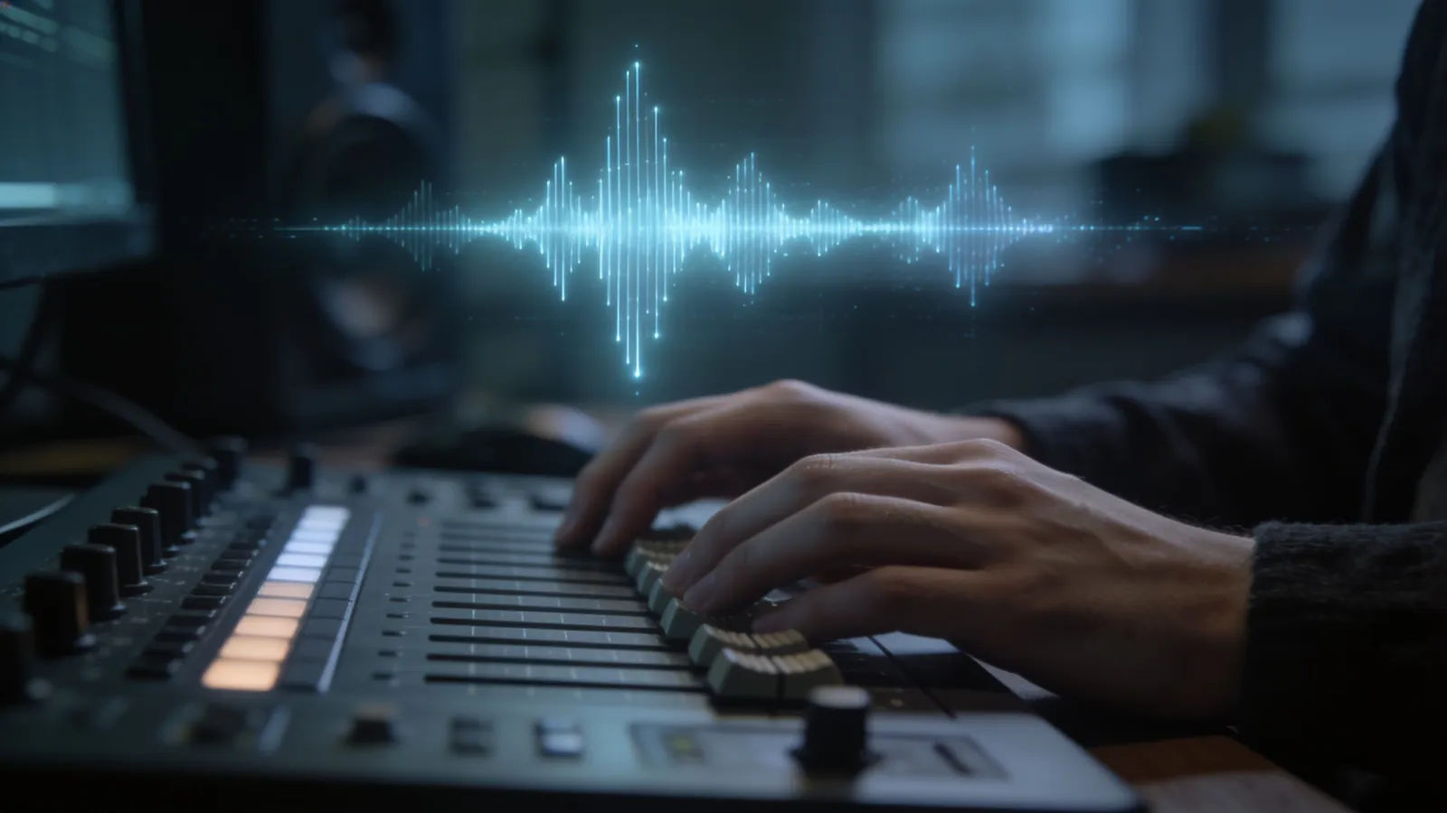 Calm hands resting at a console with soft waveforms