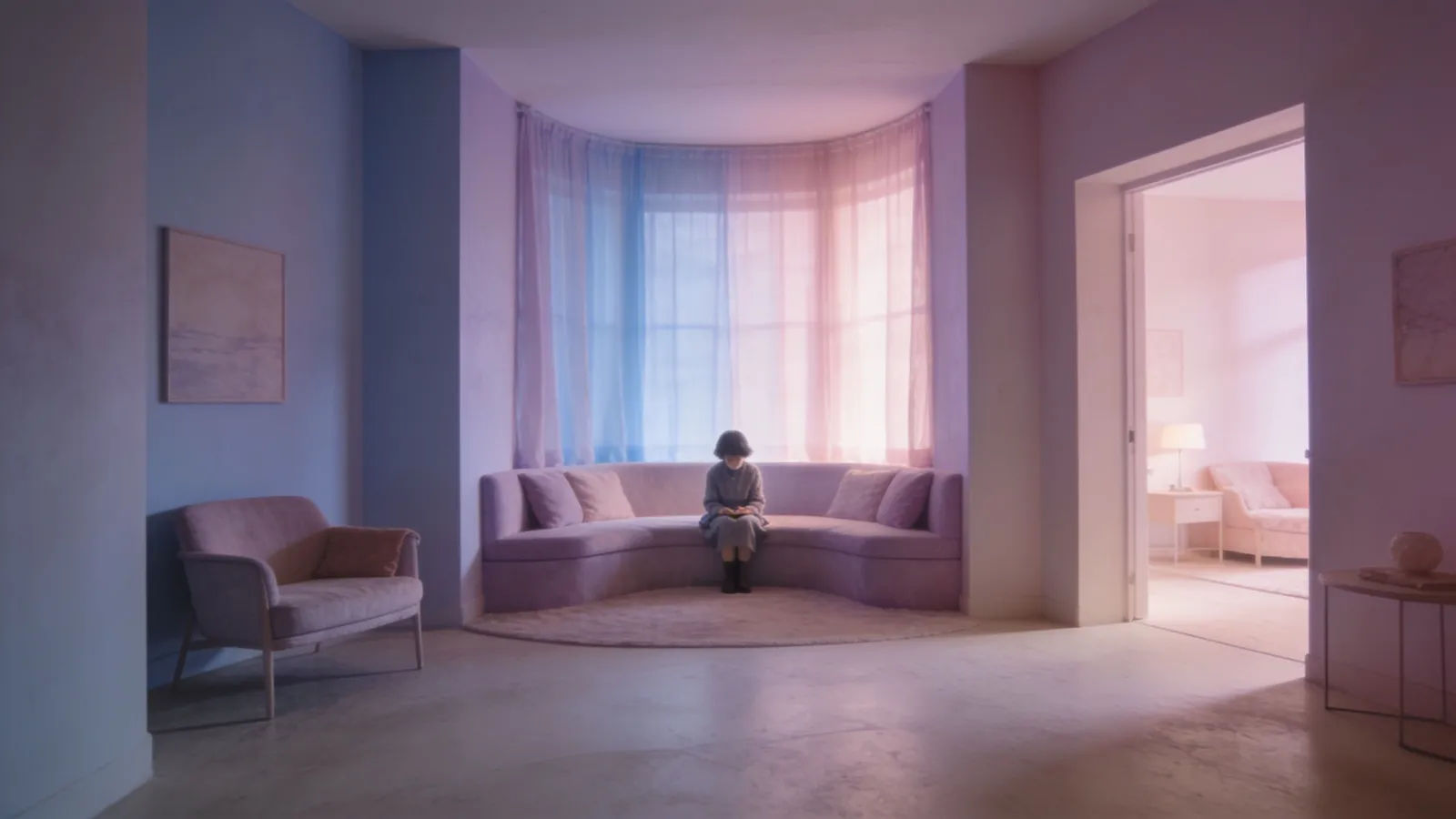 Quiet soft-lit corner with small figure