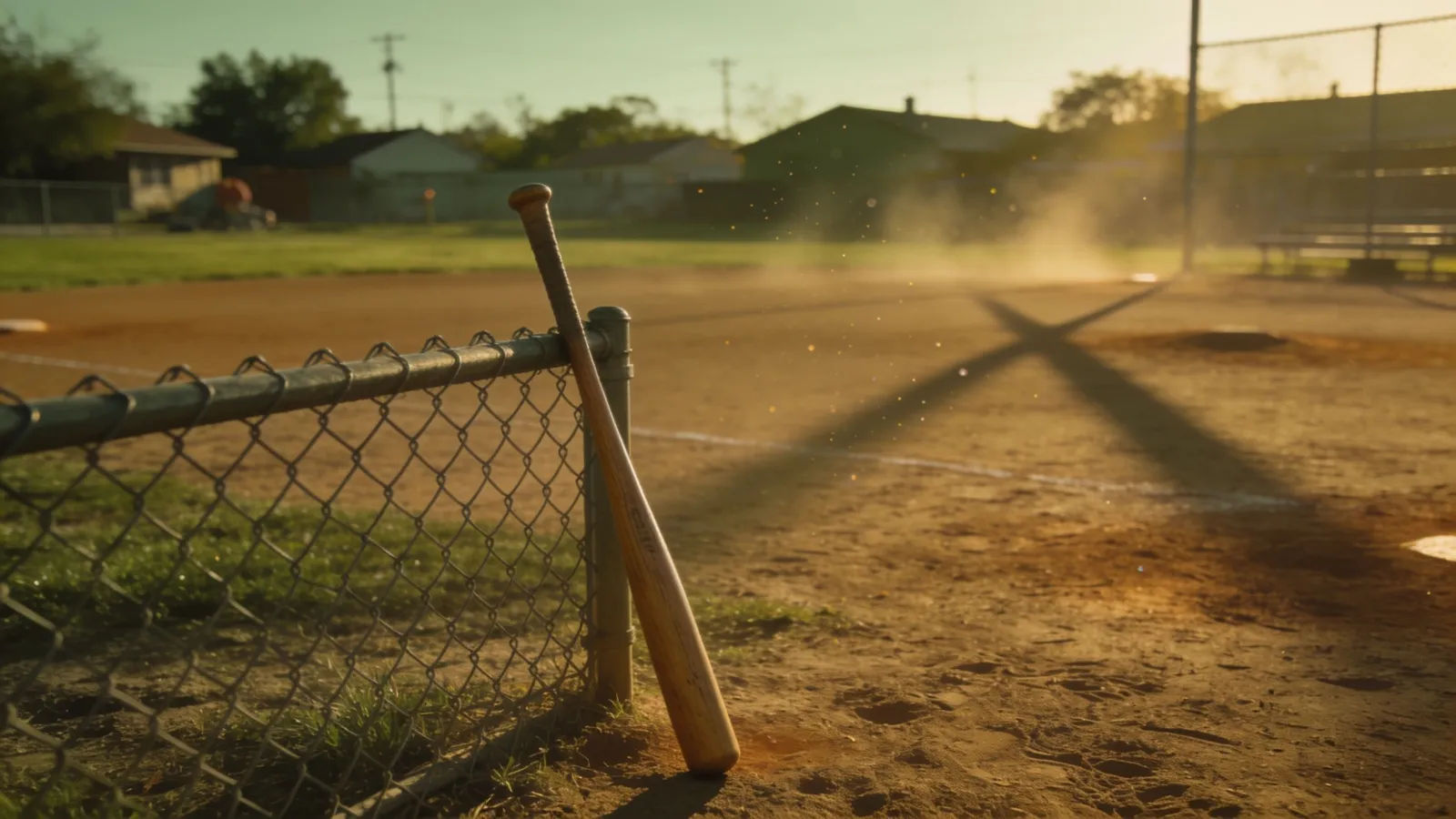 Dusty sandlot ball field with a leaning bat