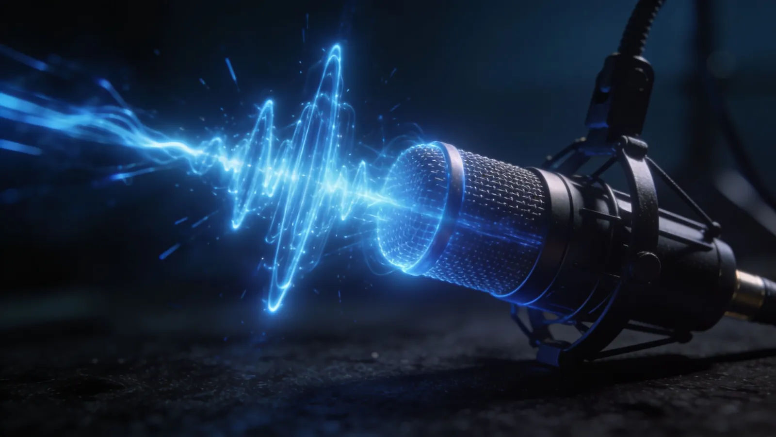 Energetic blue waveform spiking across a microphone