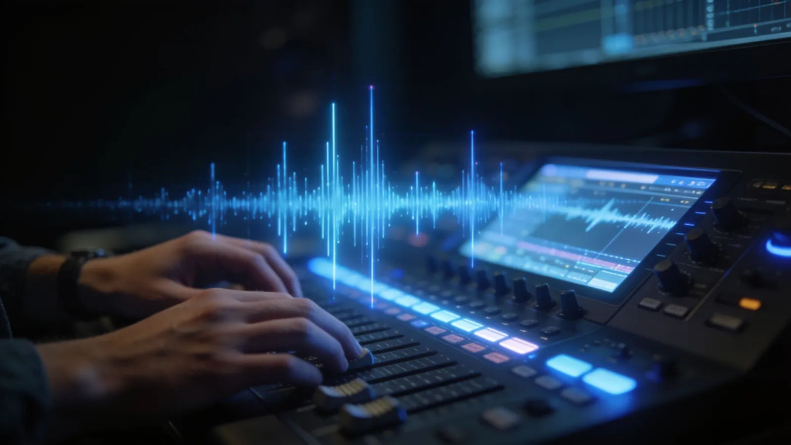 Hands at a cool-lit audio console