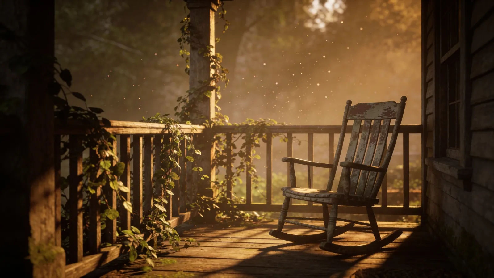 Cozy rustic porch with rocking chair at golden hour