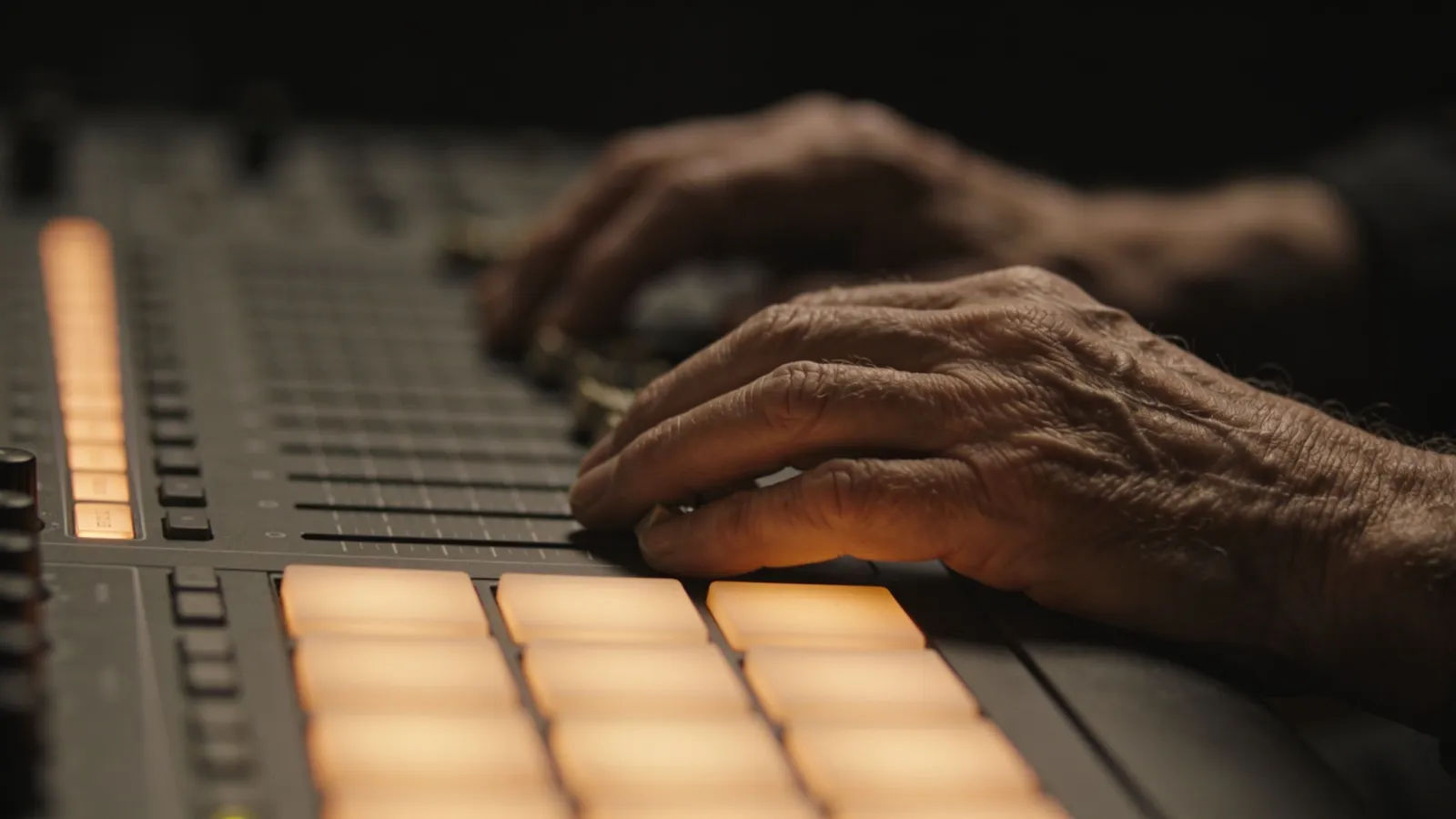 Elderly hands near console with warm audio UI