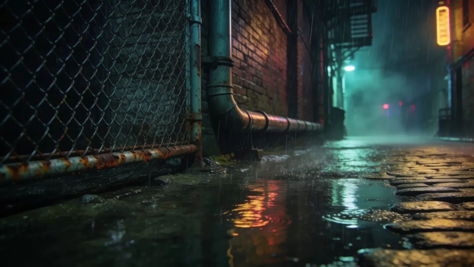 Rain-slicked gritty back alley at night