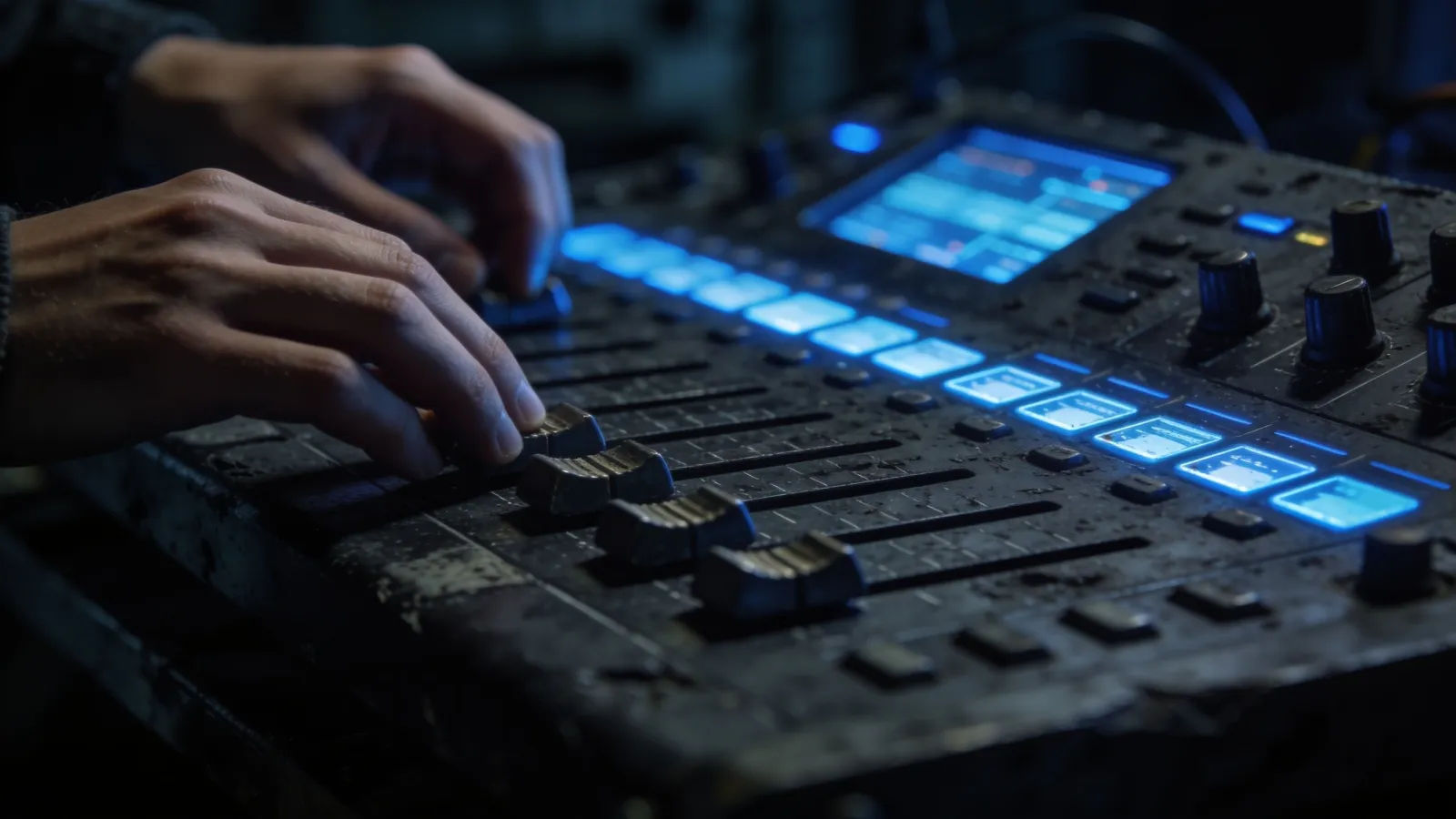Hands at a rugged steel-blue mixing console