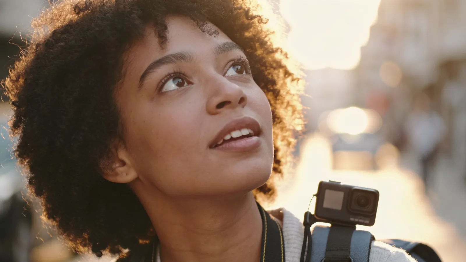 Wide-eyed first-time traveler at golden hour