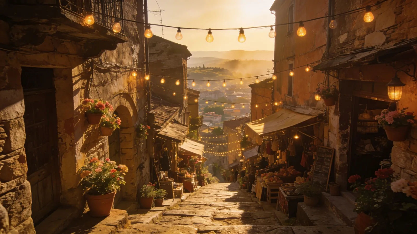 Sunlit old-town market lane with lights