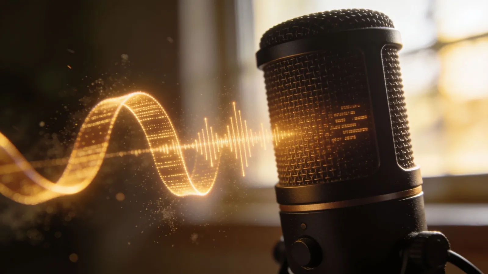 Travel microphone with warm gold waveform