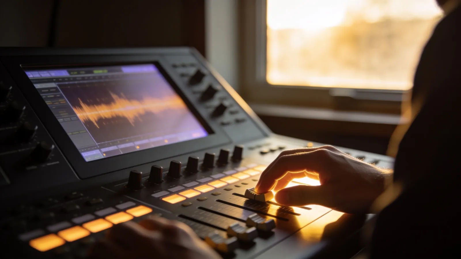 Hands on audio console by sunlit window