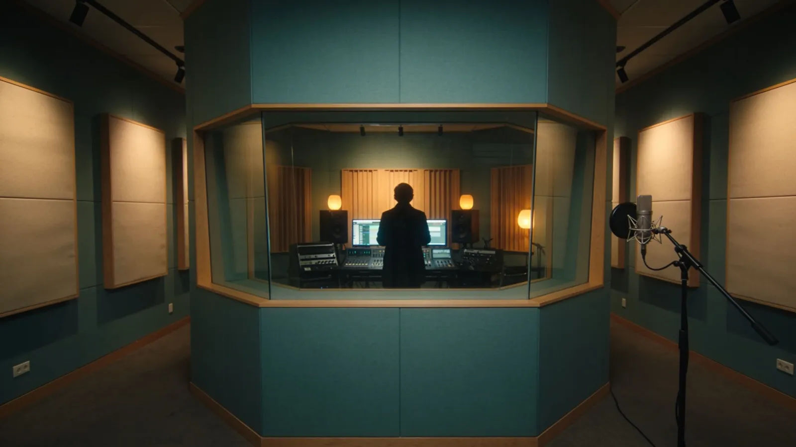 Dubbing studio interior with glass booth and mic