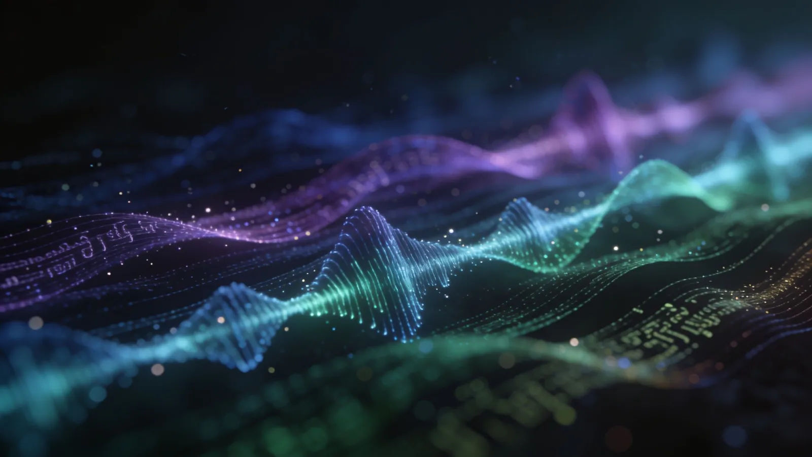 Many colored soundwave ribbons interweaving on dark surface