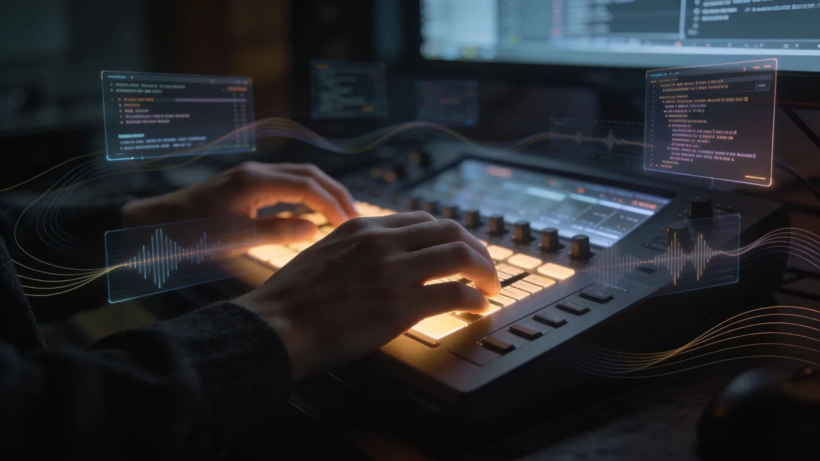 Hands at console with flowing multilingual audio UI panels