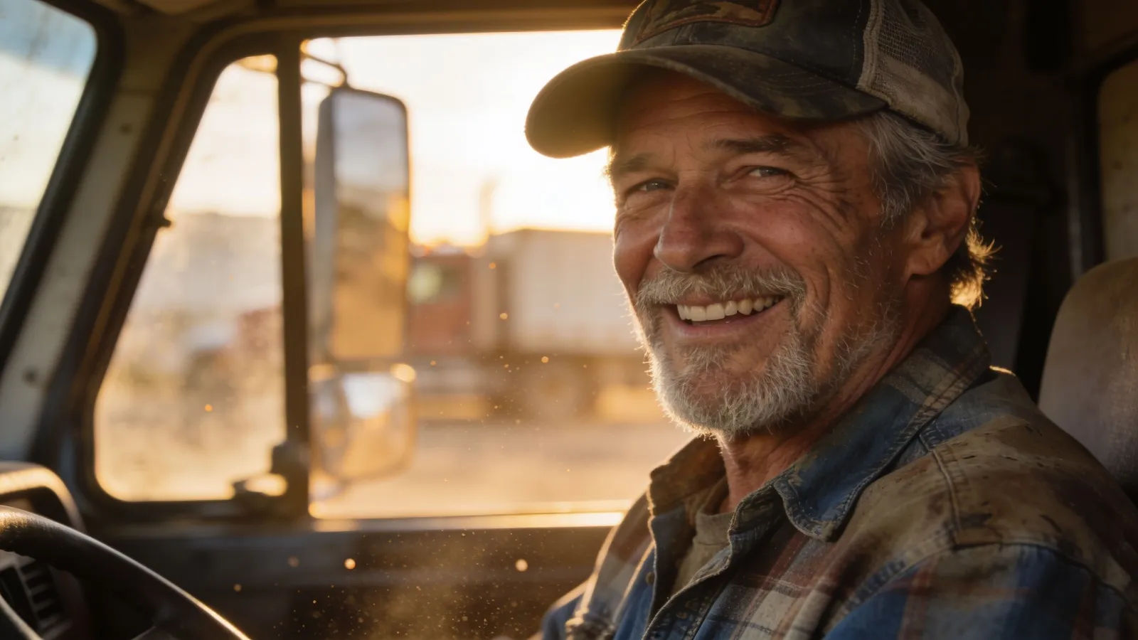 Weathered truck driver in golden cab light