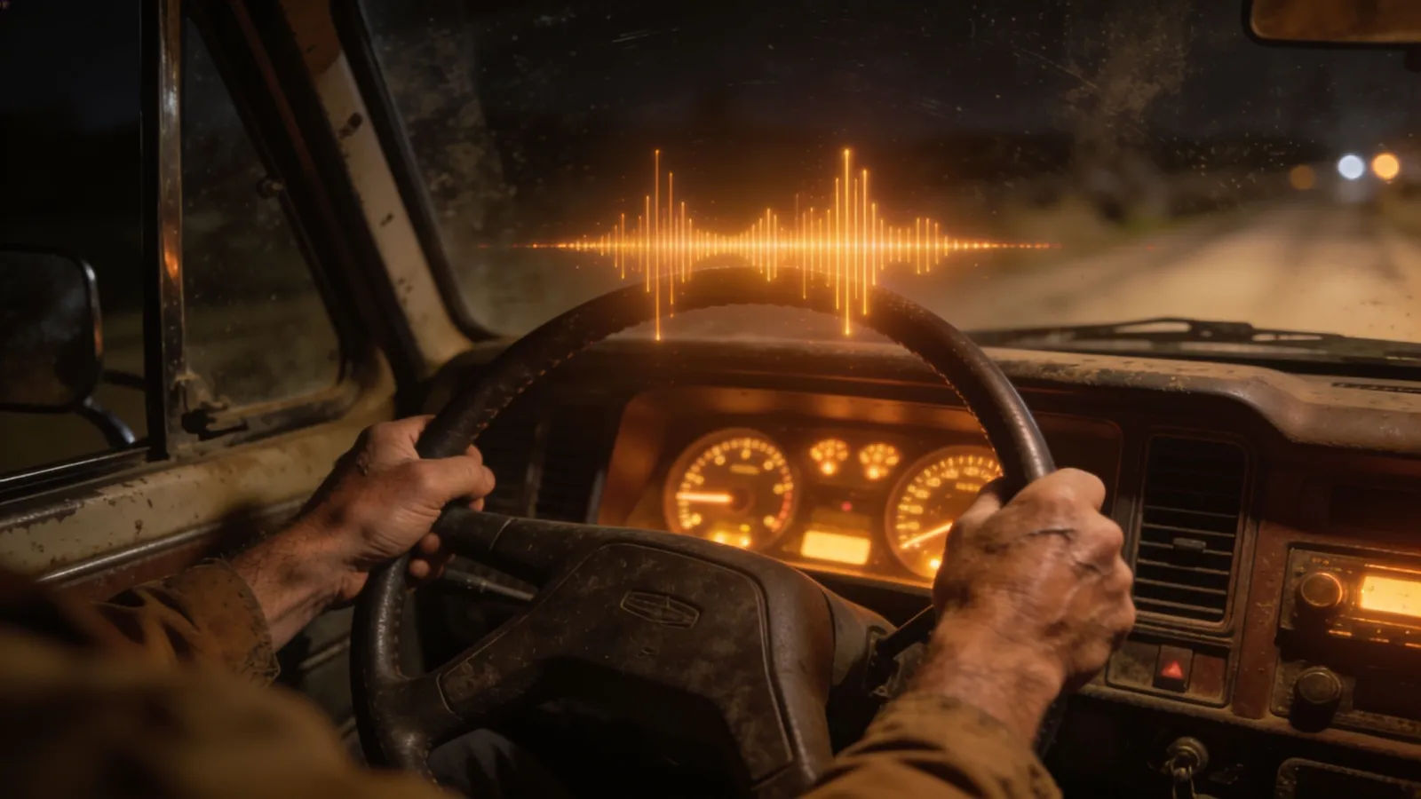 Hands on wheel with dashboard audio waveform
