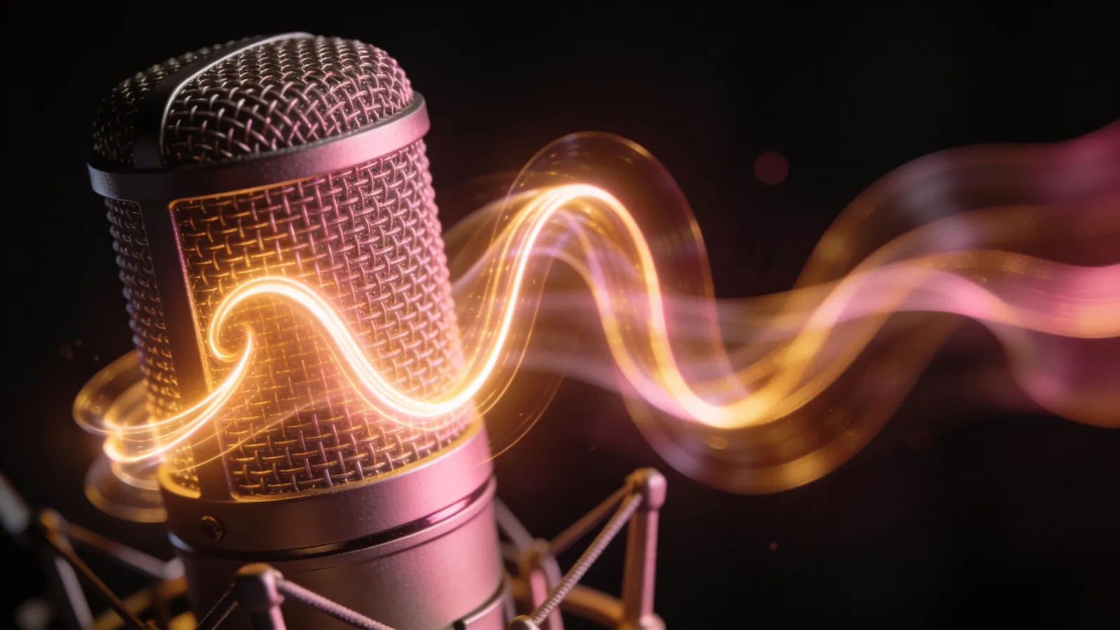 Broadcast microphone with golden glowing waveform, macro