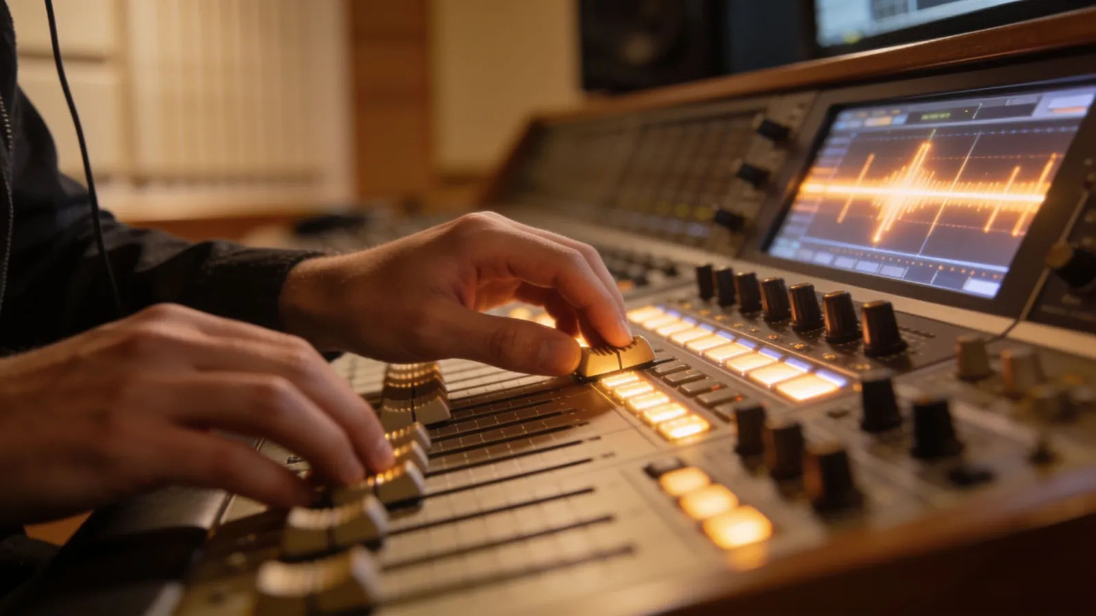 Hands on a broadcast audio mixing desk, glowing faders